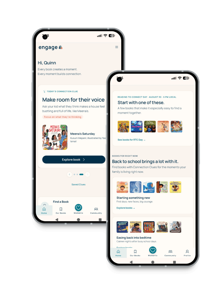 The ENGAGE app showing Reading To Connect Day book recommendations and Connection Clues