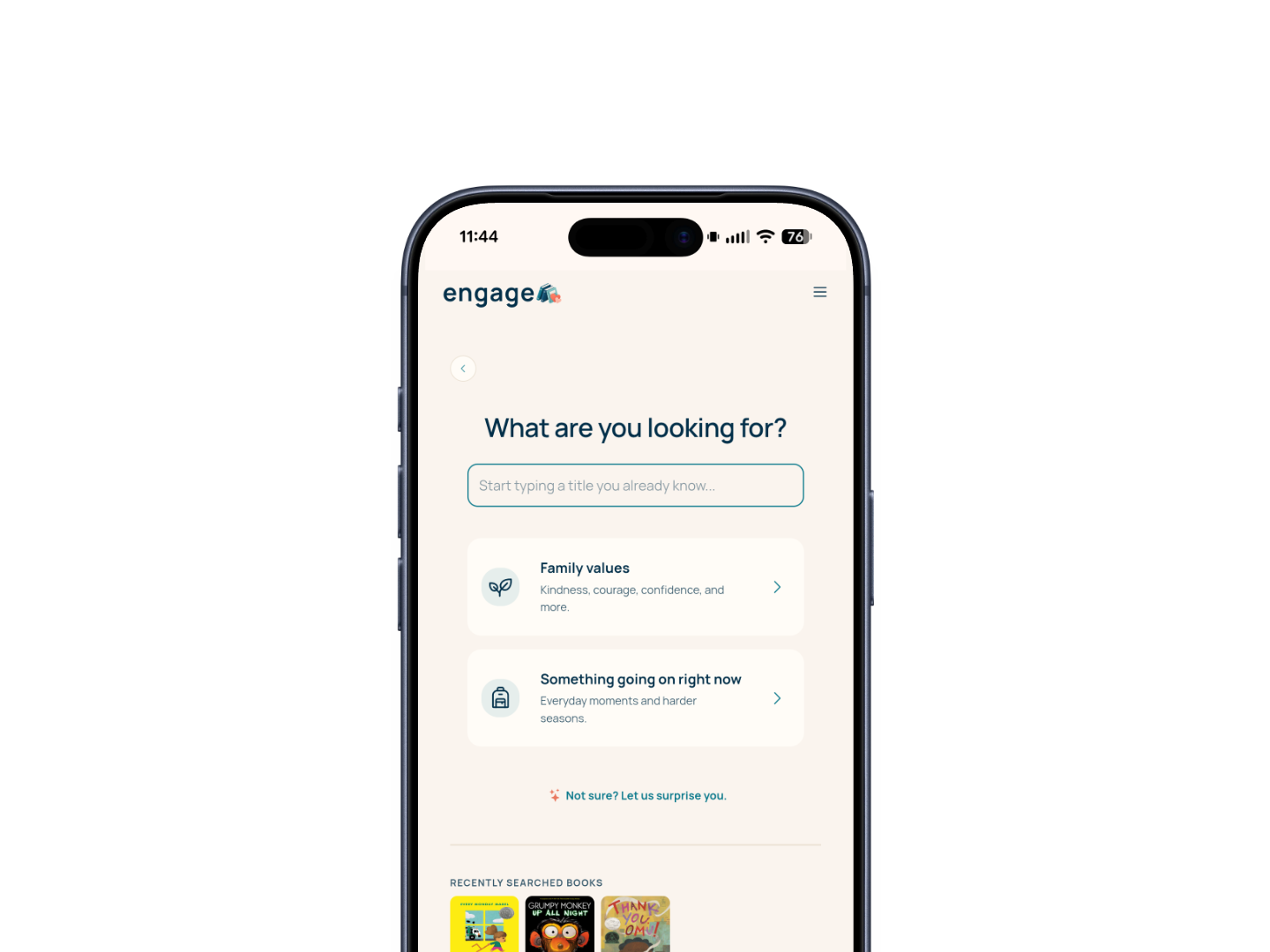 ENGAGE search screen with a title search field and Something going on right now option.
