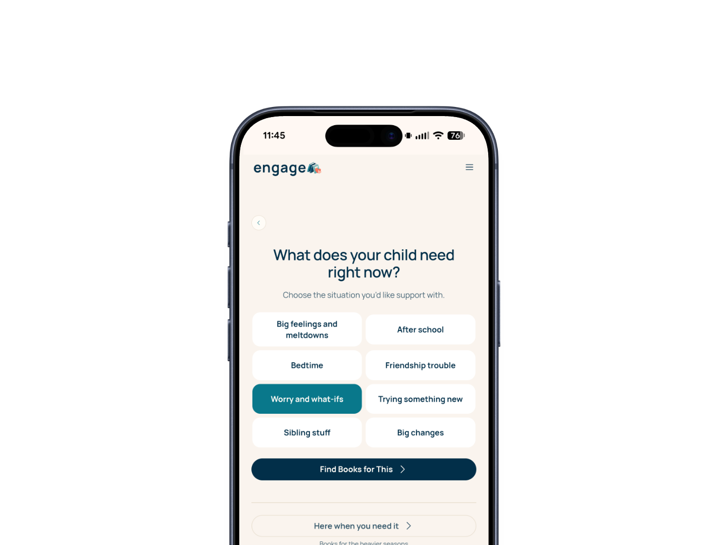 ENGAGE situation choices with Worry and what-ifs selected.