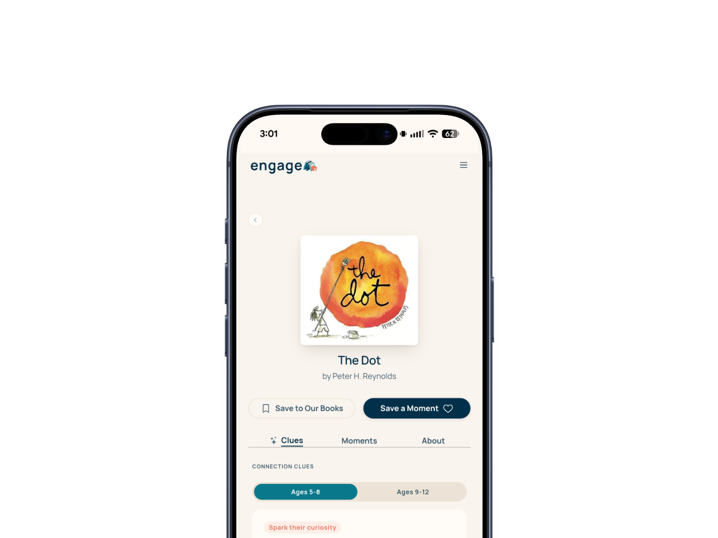 The Dot book page in ENGAGE with Clues, Moments, and About tabs and age-band choices.