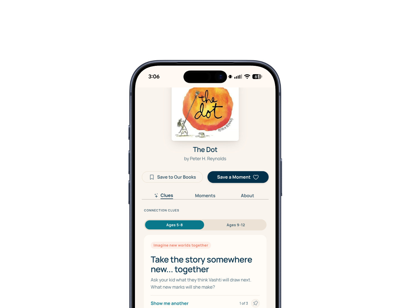 The Dot in ENGAGE showing the Clues tab, age-band choices, and a book-specific guidance card.