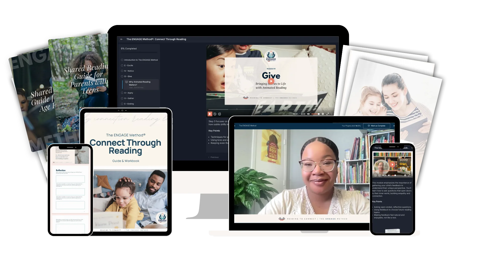 The course on desktop, laptop, tablet, and phone, with the workbook and both bonus guides