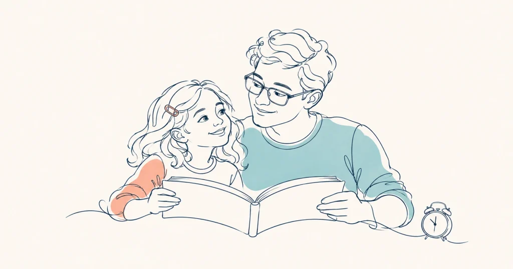 Father and daughter reading together beside a small clock.