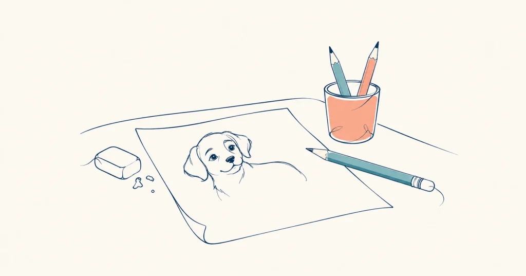 Unfinished dog drawing on a desk with a pencil, eraser, and pencil cup.