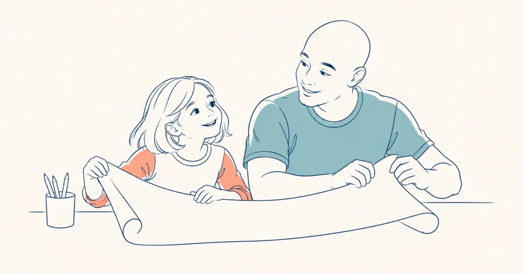 Father and daughter helping each other with a paper craft.