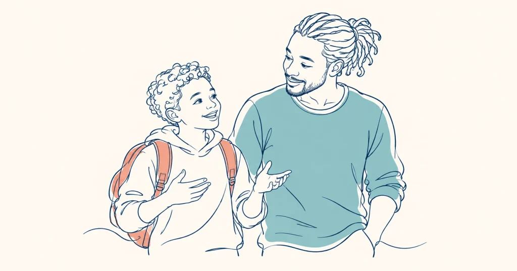 Father and son talking after school with a backpack beside them.